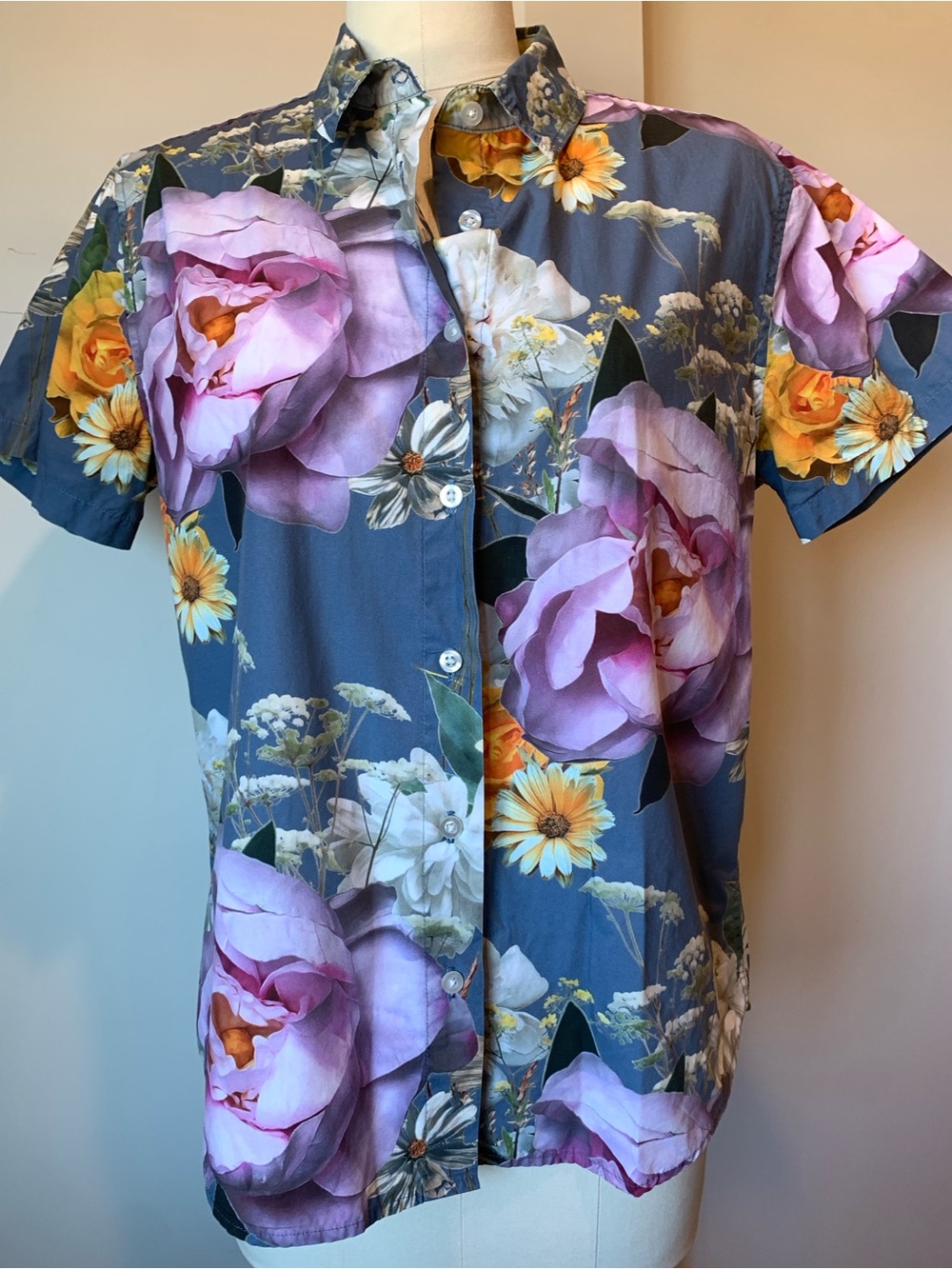 Wildfang Slate Blue Floral Button-Up with Purple & Yellow Blooms